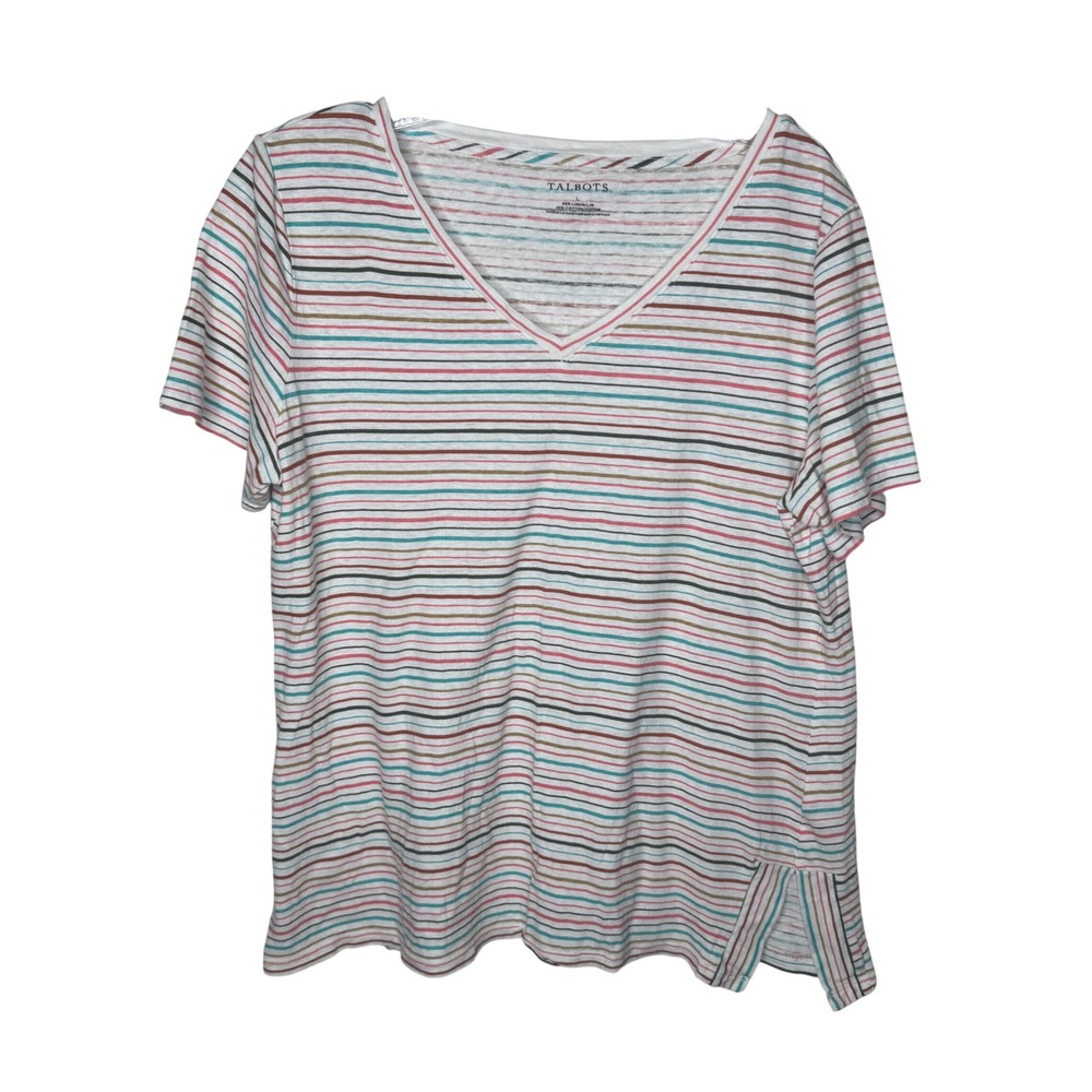 Talbots Womens Size Large Striped V Neck Linen Cotton Blend Tunic‎ Top